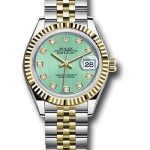 Rolex Steel and Yellow Gold Rolesor Lady-Datejust 28 Watch – Fluted Bezel – Mint Green Diamond Dial – Jubilee Bracelet – 279173