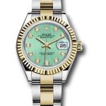 Rolex Steel and Yellow Gold Rolesor Lady-Datejust 28 Watch – Fluted Bezel – Mint Green Diamond Dial – Oyster Bracelet – 279173