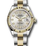 Rolex Steel and Yellow Gold Rolesor Lady-Datejust 28 Watch – Fluted Bezel – Silver Diamond Dial – Oyster Bracelet – 279173