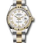 Rolex Steel and Yellow Gold Rolesor Lady-Datejust 28 Watch – Fluted Bezel – White Roman Dial – Oyster Bracelet – 279173