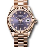 Rolex Everose Gold Lady-Datejust 28 Watch – Fluted Bezel – Aubergine Diamond Dial – President Bracelet – 279175