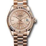 Rolex Everose Gold Lady-Datejust 28 Watch – Fluted Bezel – Pink Sundust Index Dial – President Bracelet – 279175