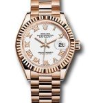 Rolex Everose Gold Lady-Datejust 28 Watch – Fluted Bezel – White Roman Dial – President Bracelet – 279175