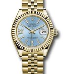 Rolex Yellow Gold Lady-Datejust 28 Watch – Fluted Bezel – Cornflower Blue Stripe Diamond Index Dial – Jubilee Bracelet – 279178 cbls36dix8dj