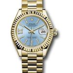 Rolex Yellow Gold Lady-Datejust 28 Watch – Fluted Bezel – Cornflower Blue Stripe Diamond Index Dial – President Bracelet – 279178 cbls36dix8dp