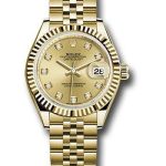 Rolex Yellow Gold Lady-Datejust 28 Watch – Fluted Bezel – Champagne Diamond Dial – Jubilee Bracelet – 279178