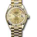 Rolex Yellow Gold Lady-Datejust 28 Watch – Fluted Bezel – Champagne Diamond Dial – President Bracelet – 279178