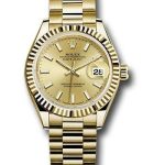 Rolex Yellow Gold Lady-Datejust 28 Watch – Fluted Bezel – Champagne Index Dial – President Bracelet – 279178