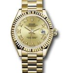 Rolex Yellow Gold Lady-Datejust 28 Watch – Fluted Bezel – Champagne Roman Dial – President Bracelet – 279178