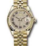 Rolex Yellow Gold Lady-Datejust 28 Watch – Fluted Bezel – Diamond Paved Roman Dial – Jubilee Bracelet – 279178