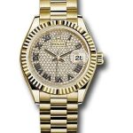 Rolex Yellow Gold Lady-Datejust 28 Watch – Fluted Bezel – Diamond Paved Roman Dial – President Bracelet – 279178