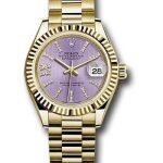 Rolex Yellow Gold Lady-Datejust 28 Watch – Fluted Bezel – Lilac Stripe Diamond Index Dial – President Bracelet – 279178 lils36dix8dp