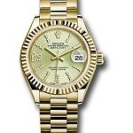 Rolex Yellow Gold Lady-Datejust 28 Watch – Fluted Bezel – Linden Green Strip Diamond Index Dial – President Bracelet – 279178 lings36dix8dp