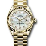 Rolex Yellow Gold Lady-Datejust 28 Watch – Fluted Bezel – Mother-of-Pearl Diamond Dial – President Bracelet – 279178