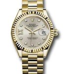 Rolex Yellow Gold Lady-Datejust 28 Watch – Fluted Bezel – Silver Diamond Star Dial – President Bracelet – 279178 s9dix8dp