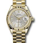 Rolex Yellow Gold Lady-Datejust 28 Watch – Fluted Bezel – Silver Index Dial – President Bracelet – 279178