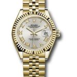 Rolex Yellow Gold Lady-Datejust 28 Watch – Fluted Bezel – Silver Roman Dial – Jubilee Bracelet – 279178