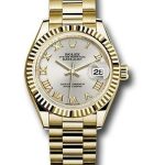 Rolex Yellow Gold Lady-Datejust 28 Watch – Fluted Bezel – Silver Roman Dial – President Bracelet – 279178