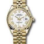 Rolex Yellow Gold Lady-Datejust 28 Watch – Fluted Bezel – White Roman Dial – Jubilee Bracelet – 279178