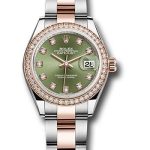 Rolex Steel and Everose Gold Rolesor Lady-Datejust 28 Watch – Diamond Bezel – Olive Green Diamond Dial – Oyster Bracelet – 279381RBR