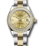 Rolex Steel and Yellow Gold Rolesor Lady-Datejust 28 Watch – Diamond Bezel – Champagne Index Dial – Oyster Bracelet – 279383RBR