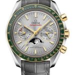 Omega Speedmaster Moonphase Master Chronometer Chronograph Watch – 44.25 mm Steel Case – Yellow Gold Bezel – Grey Diamond Dial – Grey Leather Strap – 304.23.44.52.06.001