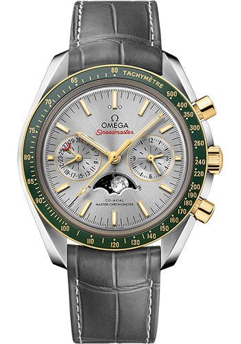 Omega Speedmaster Moonphase Master Chronometer Chronograph Watch – 44.25 mm Steel Case – Yellow Gold Bezel – Grey Diamond Dial – Grey Leather Strap – 304.23.44.52.06.001