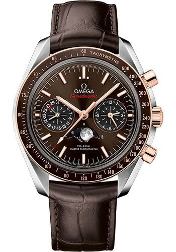 Omega Speedmaster Moonphase Master Chronometer Chronograph Watch – 44.25 mm Steel Case – Sedna Gold Bezel – Brown Diamond Dial – Brown Leather Strap – 304.23.44.52.13.001