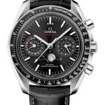 Omega Speedmaster Moonphase Master Chronometer Chronograph Watch – 44.25 mm Steel Case – Black Liquid Metal Bezel – Black Dial – Black Leather Strap – 304.33.44.52.01.001
