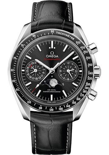 Omega Speedmaster Moonphase Master Chronometer Chronograph Watch – 44.25 mm Steel Case – Black Liquid Metal Bezel – Black Dial – Black Leather Strap – 304.33.44.52.01.001