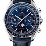 Omega Speedmaster Moonphase Master Chronometer Chronograph Watch – 44.25 mm Steel Case – Blue Liquid Metal Bezel – Blue Dial – Blue Leather Strap – 304.33.44.52.03.001