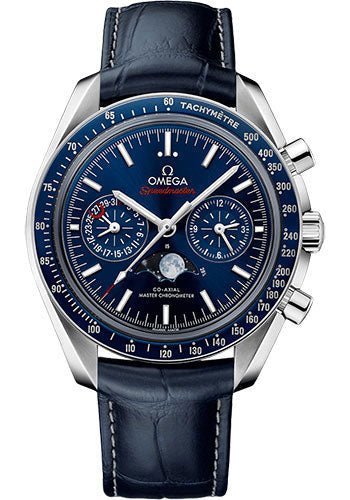 Omega Speedmaster Moonphase Master Chronometer Chronograph Watch – 44.25 mm Steel Case – Blue Liquid Metal Bezel – Blue Dial – Blue Leather Strap – 304.33.44.52.03.001