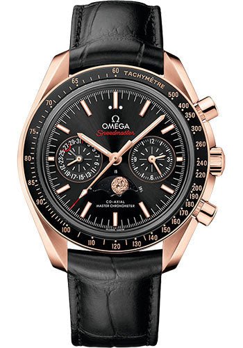 Omega Speedmaster Moonphase Master Chronometer Chronograph Watch – 44.25 mm Sedna Gold Case – Black Diamond Dial – Black Leather Strap – 304.63.44.52.01.001