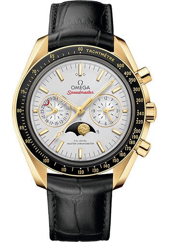 Omega Speedmaster Moonphase Master Chronometer Chronograph Watch – 44.25 mm Yellow Gold Case – Silvery Diamond Dial – Black Leather Strap – 304.63.44.52.02.001