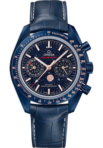 Omega Speedmaster Moonwatch Co-Axial Master Chronometer Moonphase Chronograph Blue Side Of The Moon Watch – 44.25 mm Blue Ceramic Case – Blue Aventurine Glass Dial – Blue Leather Strap – 304.93.44.52.03.002