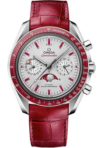 Omega Speedmaster Moonwatch Omega Co-Axial Master Chronometer Moonphase Chronograph – 44.25 mm Platinum Case – Platinum-Gold Dial – Red Leather Strap – 304.93.44.52.99.002