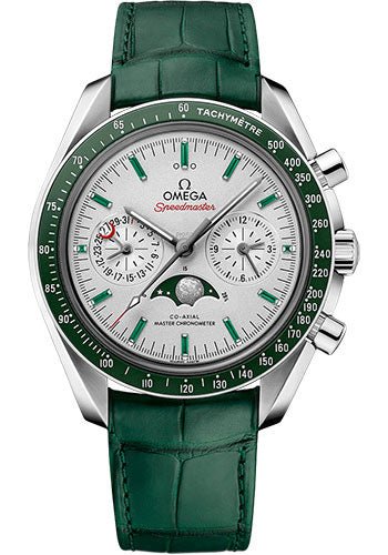 Omega Speedmaster Moonwatch Omega Co-Axial Master Chronometer Moonphase Chronograph – 44.25 mm Platinum Case – Platinum-Gold Dial – Green Leather Strap – 304.93.44.52.99.003