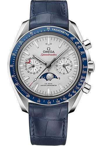 Omega Speedmaster Moonwatch Omega Co-Axial Master Chronometer Moonphase Chronograph – 44.25 mm Platinum Case – Platinum-Gold Diamond Dial – Blue Leather Strap – 304.93.44.52.99.004