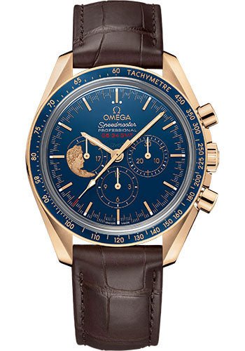 Omega Speedmaster Moonwatch Apollo XVII Anniversary Limited Series Limited Edition of 272 Watch – 42 mm Yellow Gold Case – Polished Blue Ceramic Bezel – Blue Ceramic Dial – Brown Leather Strap – 311.63.42.30.03.001