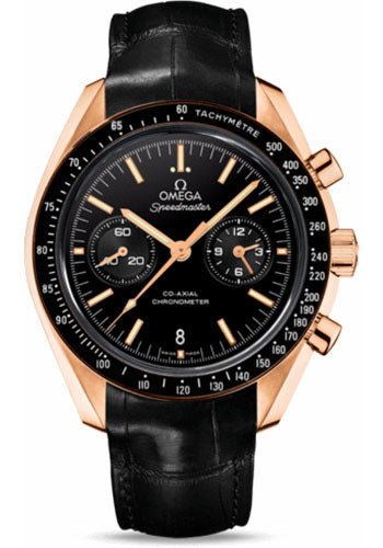Omega Speedmaster Moonwatch Co-Axial Chronograph Watch – 44.25 mm Orange Gold Case – Tachymeter Bezel – Black Dial – Black Leather Strap – 311.63.44.51.01.001