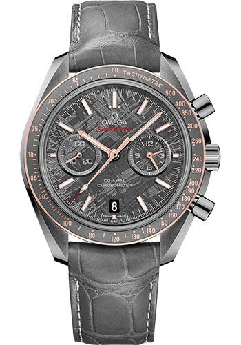 Omega Speedmaster Moonwatch Omega Co-Axial Chronograph Grey Side of the Moon Meteorite Watch – 44.25 mm Grey Ceramic Case – Senda Gold Bezel – Meteorite Dial – Grey Leather Strap – 311.63.44.51.99.002