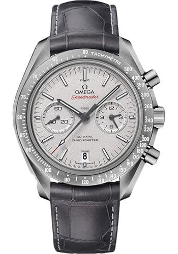 Omega Speedmaster Moonwatch Co-Axial Chronograph Grey Side of the Moon Watch – 44.25 mm Grey Ceramic Case – Platinum Dial – Leather Strap – 311.93.44.51.99.002