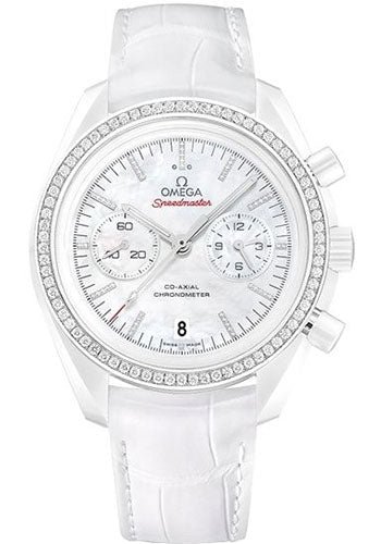 Omega Speedmaster Moonwatch Co-Axial Chronograph White Side of the Moon Watch – 44.25 mm White Ceramic Case – Diamond-Set Ceramic Bezel – Mother-Of-Pearl Dial – White Leather Strap – 311.98.44.51.55.001
