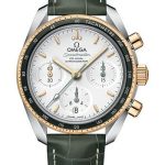 Omega Speedmaster 38 Co-Axial Chronograph Watch – 38 mm Steel And Yellow Gold Case – Silvery Dial – Green Leather Strap – 324.23.38.50.02.001