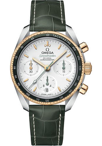 Omega Speedmaster 38 Co-Axial Chronograph Watch – 38 mm Steel And Yellow Gold Case – Silvery Dial – Green Leather Strap – 324.23.38.50.02.001