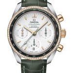 Omega Speedmaster 38 Co-Axial Chronograph Watch – 38 mm Steel And Yellow Gold Case – Dual Diamond Bezel – Silvery Dial – Green Leather Strap – 324.28.38.50.02.001