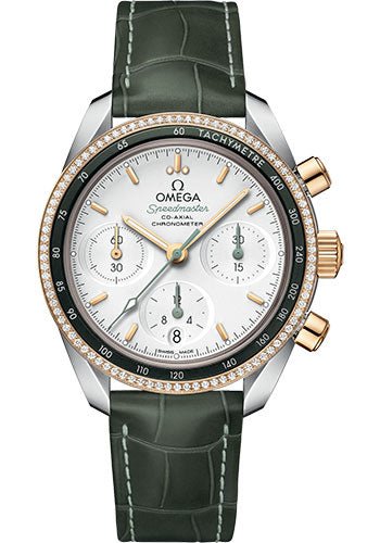 Omega Speedmaster 38 Co-Axial Chronograph Watch – 38 mm Steel And Yellow Gold Case – Dual Diamond Bezel – Silvery Dial – Green Leather Strap – 324.28.38.50.02.001