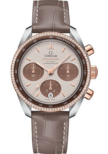 Omega Speedmaster 38 Co-Axial Chronograph Watch – 38 mm Steel And Sedna Gold Case – Dual Diamond Bezel – Cappuccino Dial – Taupe-Brown Leather Strap – 324.28.38.50.02.002