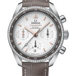 Omega Speedmaster 38 Co-Axial Chronograph Watch – 38 mm Steel Case – Dual Diamond Bezel – Silvery Dial – Taupe-Brown Leather Strap – 324.38.38.50.02.001