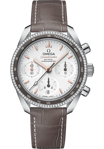 Omega Speedmaster 38 Co-Axial Chronograph Watch – 38 mm Steel Case – Dual Diamond Bezel – Silvery Dial – Taupe-Brown Leather Strap – 324.38.38.50.02.001